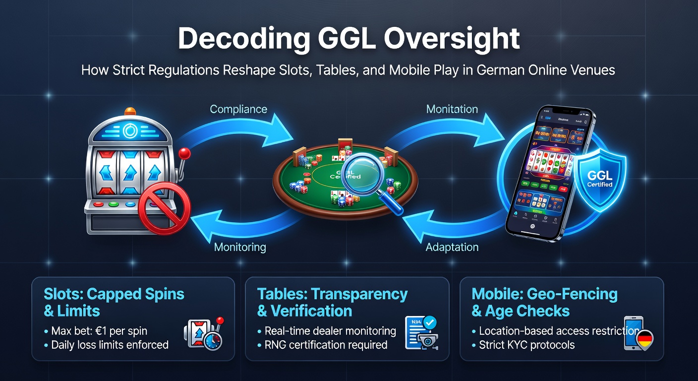 Darstellung der GGL-Überwachung mit Symbolen für Slots, Tischspiele und mobile Geräte in einem regulierten Casino-Umfeld