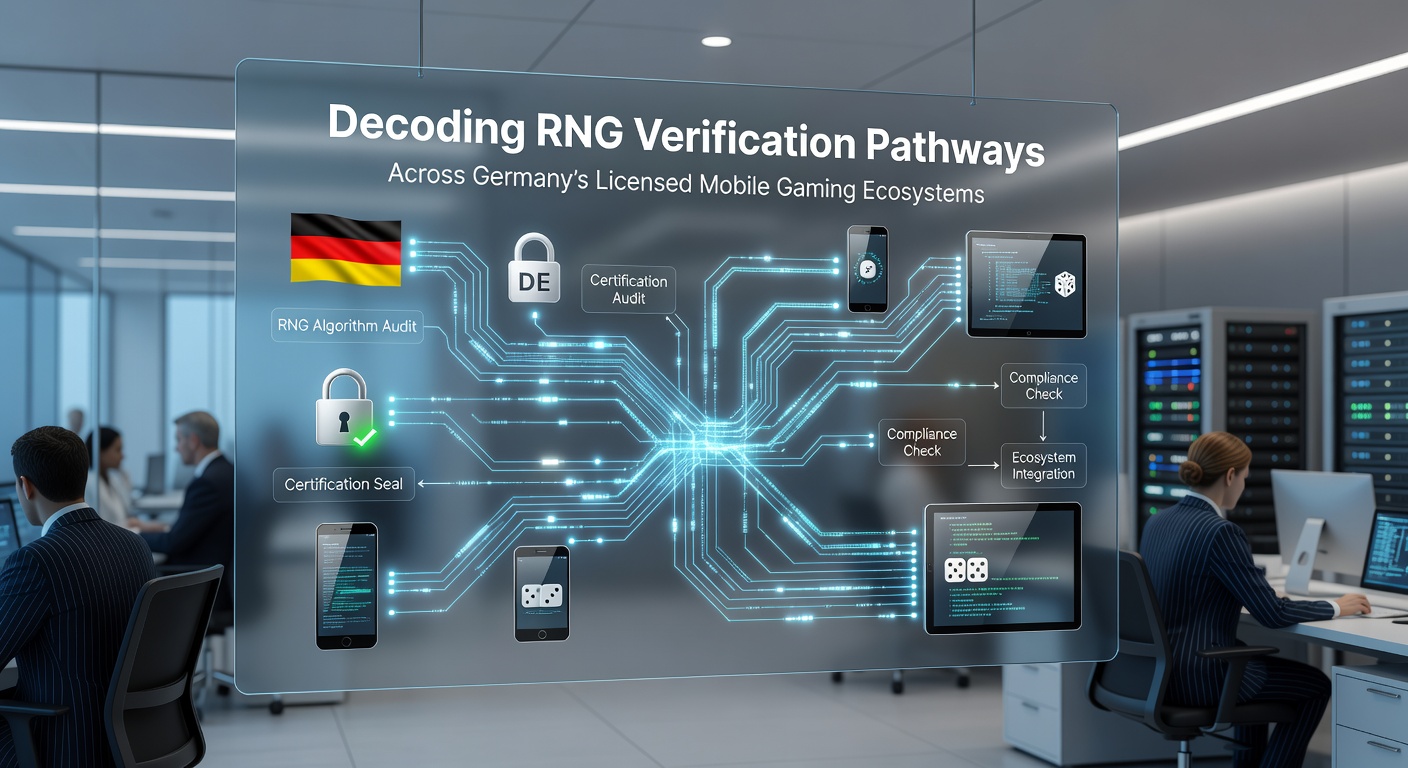 Illustration der RNG-Verifizierungsprozesse in mobilen Casino-Plattformen mit Fokus auf Zertifizierungswege und Sicherheitsprotokolle