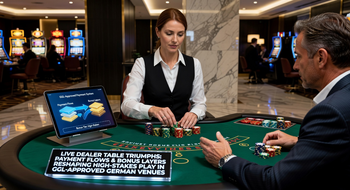 Live-Dealer-Tisch mit Spielern in einem High-Stakes-Ambiente in einem GGL-regulierten Casino, wo Karten und Chips im Rampenlicht glänzen
