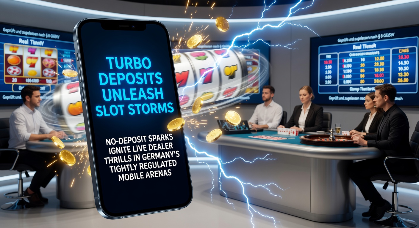 Dynamisches Bild von schnellen Einzahlungen, die Slot-Spiele und Live-Dealer-Tische in mobilen Casinos beleben, mit Blitz-Effekten und deutschen Flaggen-Elementen